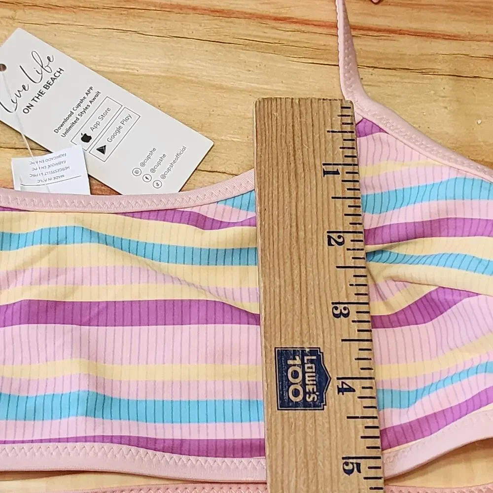 NWT CUPSHE Bikini Swimsuit 2 Pc Womens Small Striped Bandeau Top Hip Tie Sexy - Picture 13 of 14